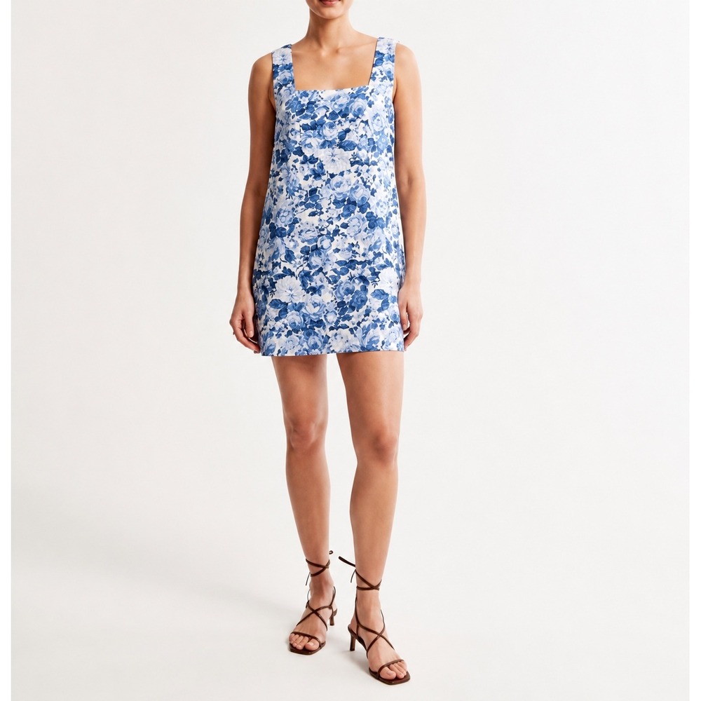 Abercrombie & Fitch Blue Floral‎ Linen Blend Square Neck Mini Dress Size S